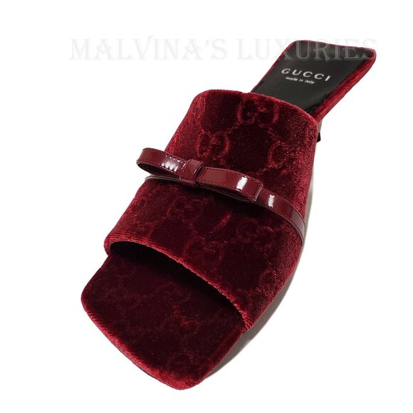GUCCI SHOES GG LOGO BURGUNDY VELVET w BOW DETAIL SLIDES sz 38 8 US - Picture 8 of 15